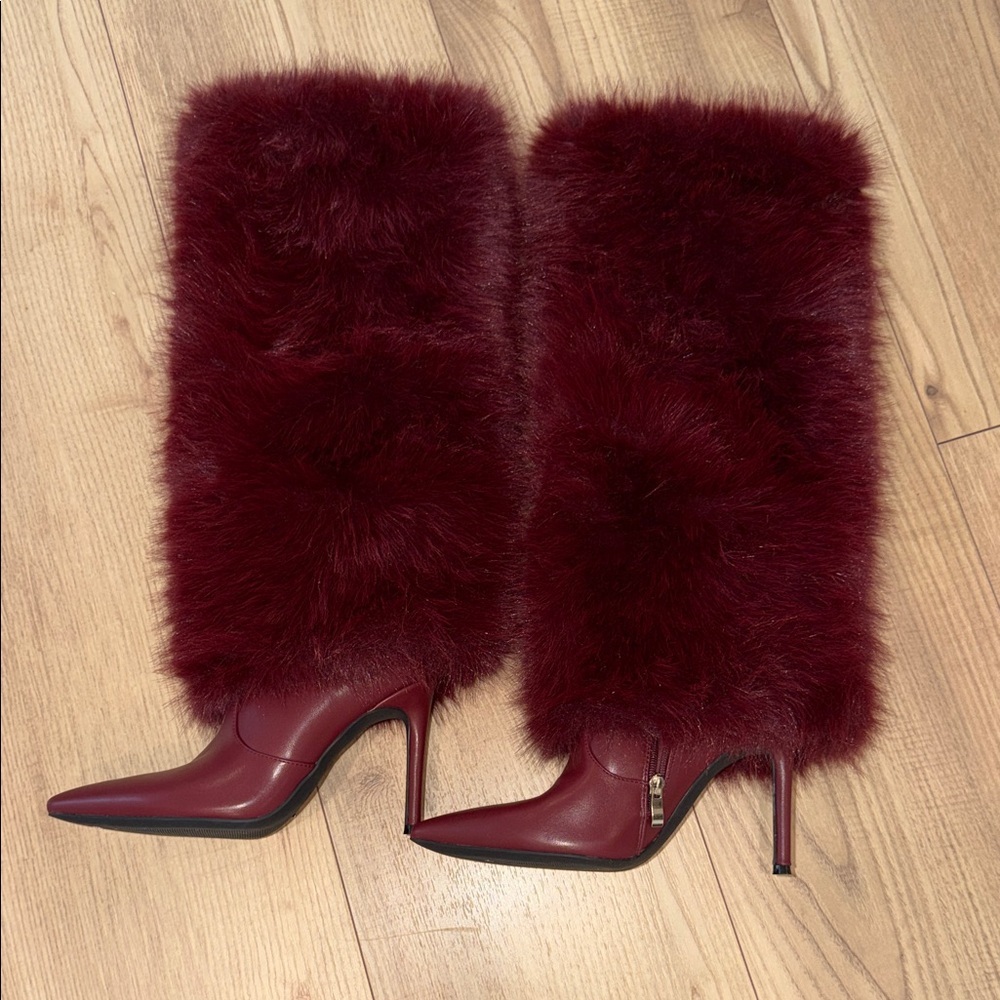 Faux Fur Knee-High Stiletto Boots in Burgundy